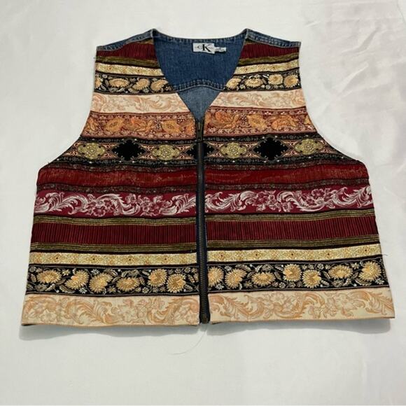 Vintage 90s Calvin Klein Paisley Patchwork Mix Printed Denim Vest Size M Rare